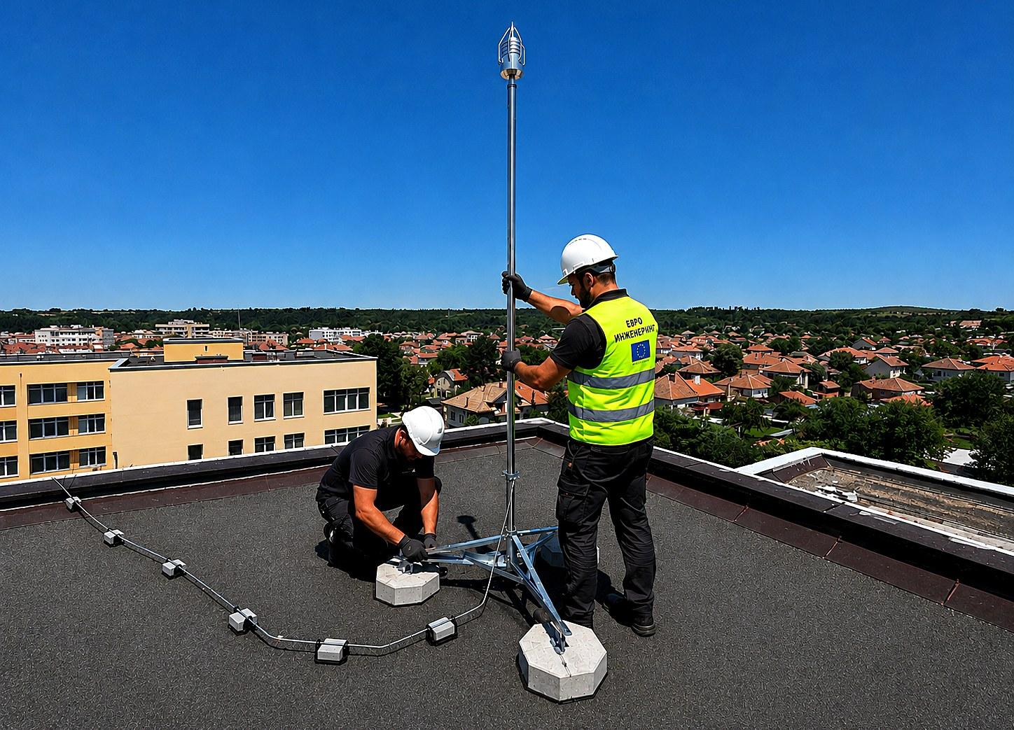 Crew installing a lightning-protection mast